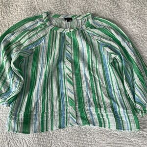 Talbots Green and Blue Striped Button Down Gauzy Cotton Shirt, Large